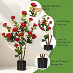 Artificial Camellia Tree 2 Pack, Artificial Plants Outdoor Faux Floral Plant in Cement Pot Fake Red Silk Camellia Tree Plants for Home House Living Room Office Decor (Red (2 Pack))