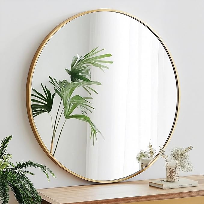 Gold Round Mirror, Gold Round Mirror 24 inch, Circle Wall Mirrors Metal Frame, Golden Circular Mirrors for Wall, Living Room, Bathroom, Entryway, Vanity, Hallway.