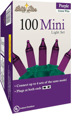 Brite Star 100 Count Mini String Christmas Lights, Purple - 22 feet Indoor/Outdoor Christmas Tree Lights with Green Wire