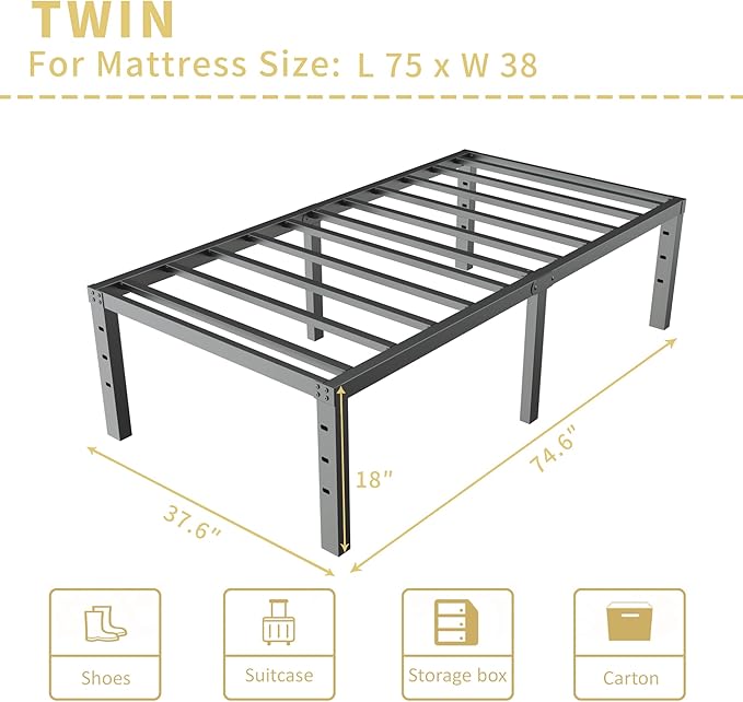 ALDRICH 18 Inch Metal Twin Bed Frame - Black Basic Steel Slats Platform, Easy Assembly Heavy Duty Noise Free Bedframes, No Box Spring Needed