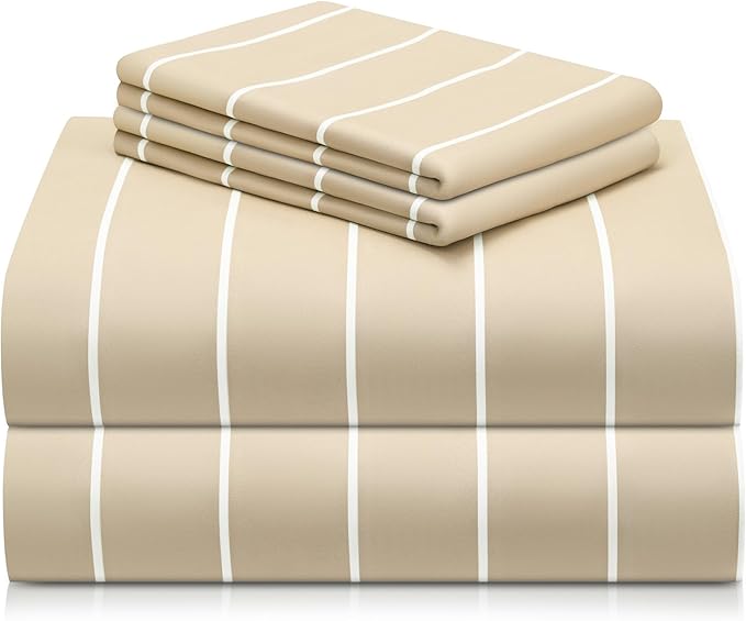 LuxClub 4 PC Full Size Sheet Set Bed Sheets, Breathable Luxury Deep Pockets Wrinkle Free Cooling Sheets Machine Washable Hotel Bedding (Full, Striped Cream)