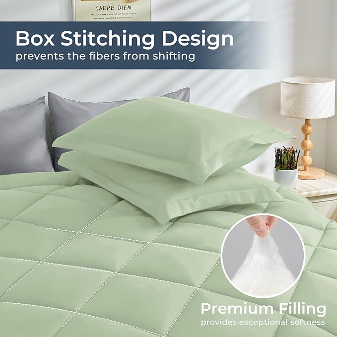 HEVUMYI Twin Comforter Set - 5-Piece All Season Bed in a Bag Twin, Ultra Soft Bedding Set with Comforter, Flat Sheet, Fitted Sheet, Pillowcases, Pillow Shams, Sage Green & Light Grey