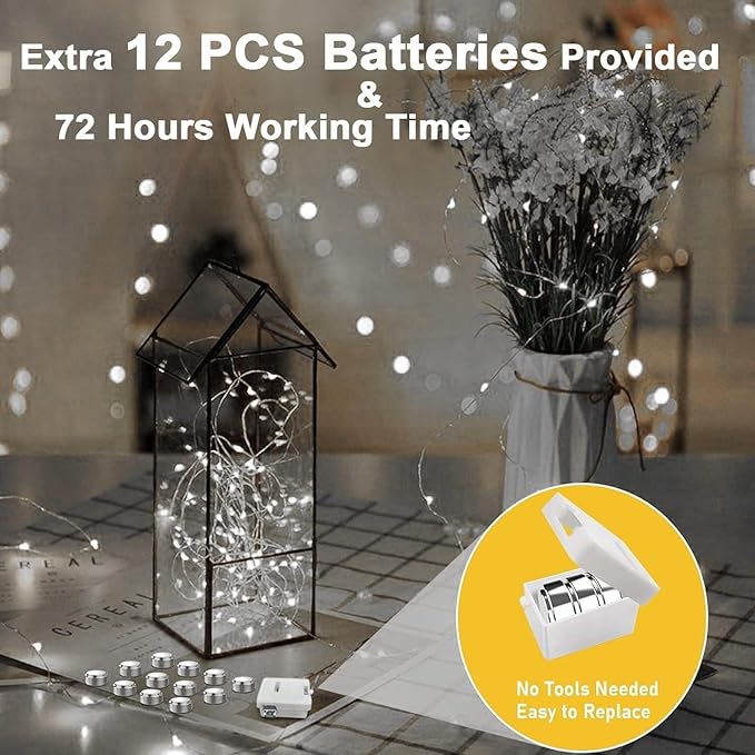 36 Pack Fairy Lights Battery Operated, 3 Speed Modes, Extra 40 Batteries for Replacement, 7Ft 20 LED Mini String Lights, Waterproof Copper Wire, Twinkle Firefly Lights for Christmas Decorations,White