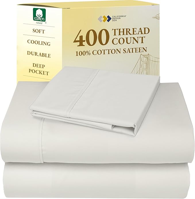 California Design Den Soft Twin Sheets Set - 400 Thread Count Sateen, Natural 100% Cotton Sheets, Deep Pockets, Cooling and Durable Bedding Set for Dorm Rooms & Adults - Ivory (Pale Tone)