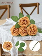 MACTING 30PCS Artificial Flower Roses Real Touch Fake Rose Flowers with Stem Gold Yellow Foam Roses for DIY Wedding Bouquet Table Centerpieces Party Baby Shower Spring Home Mothers Day Decorations