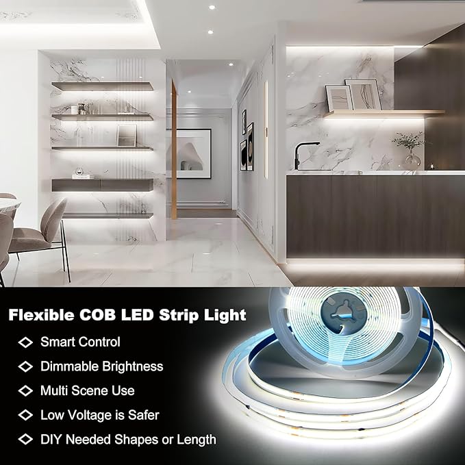 COB LED Strip Lights, LED Light Strips with Remote and App,16.4ft 6500K Dimmable Bright Daylight White LED COB Light Strip, Adhesive Indoor COB LED Lights for Bedroom, Living Room, TV, Shelf, Cabinet
