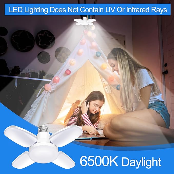 4Pack LED Garage Light Bulb, Mini 50W LED Garage Ceiling Lights 4+1 Adjustable Panels,5000Lumen Garage LED Light Bulb,E26 6500K Daylight LED Shop Lights for Garage,Kitchen,Living Room,Attic Light