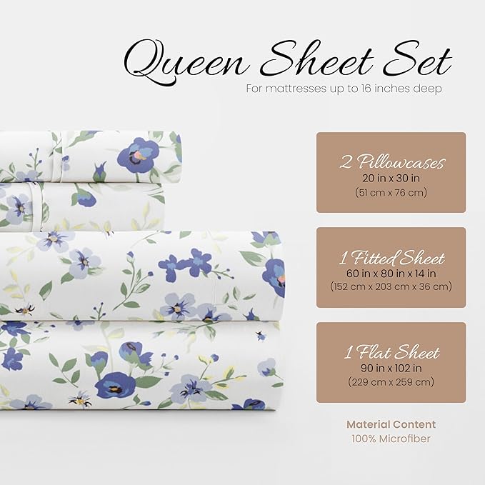 Linen Market 4 Piece Queen Sheet Set - Breathable, Double-Brushed Patterned Cooling Sheets – Oeko-TEX Certified Ultra Soft & Wrinkle-Free 16" Deep-Pocket Queen Sheets - Easy Care Blossoms Light Blue