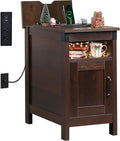 WLIVE End Table with Charging Station, Narrow Side Table for Living Room, Farmhouse Night Stand with Storage, Small Wooden Cabinet with USB Ports and Outlets for Living Room and Bedroom, Espresso