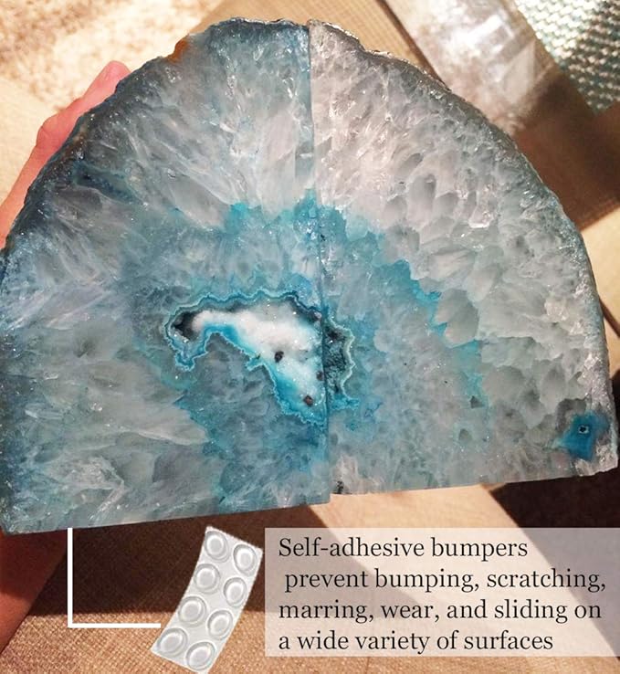 AMOYSTONE Large Agate Geode Bookends Heavy Duty Stone Book Ends Decorative Bookend Holder Home Office Decor with Rubber Bumpers Teal 1 Pair 4-6 LBS