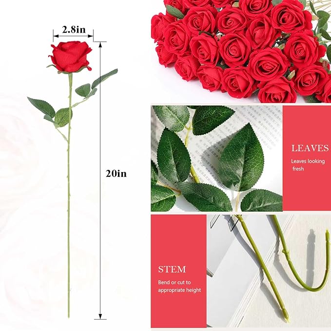 60 Pcs Artificial Roses Bulk Velvet Silk Roses Red Rose Flowers for Wedding Centerpieces Bridal Bouquet Mohter's Day Valentine's Day Christmas Home Decor (60, Red)