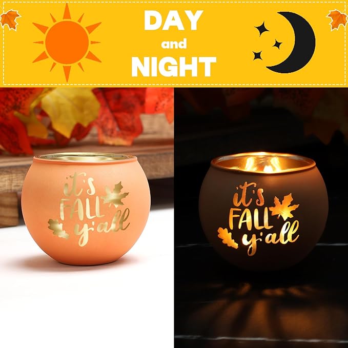Set of 8 Fall Votive Candle Holder,Glass Tealight Holders with 6 Engraving Patterns,Thanksgiving Candlestick Holder for Home Wedding Table Centerpieces Decoration