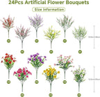 SHareconn 24 Bundles Artificial Flowers for Outdoors, Faux Plants Fake Silk Colorful Daisy Eucalyptus Lavender, UV Resistant for Outside Home Porch Patio Spring Decor, RedRosyPurpleYellowPinkWhite