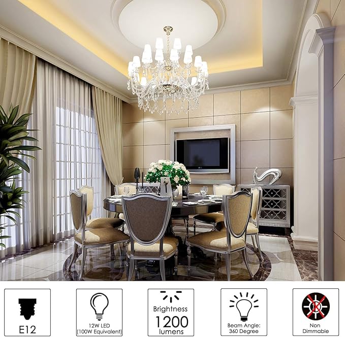 E12 LED Bulbs 12W Candelabra led Light Bulb,100 Watt Equivalent 1200lm Daylight White 5000K E12 Base LED Chandelier Light Bulbs Non-Dimmable LED Corn Bulbs, Pack of 6