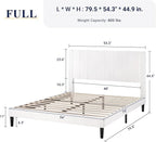 Allewie Full Bed Frame/Velvet Upholstered Bed Frame with Vertical Channel Tufted Headboard/Strong Wooden Slats/Platform Bed Frame/Mattress Foundation/Box Spring Optional/Easy Assembly/White