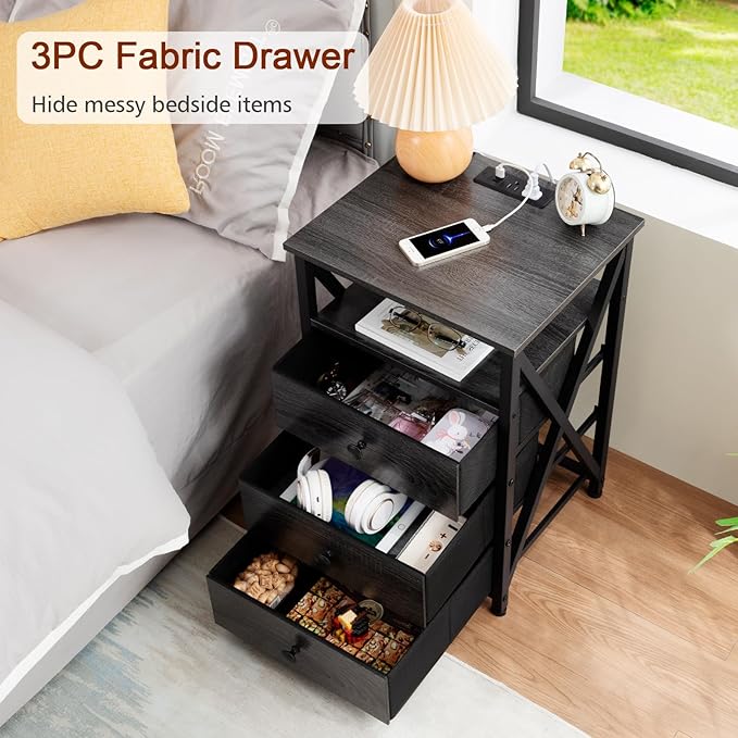 AMHANCIBLE Night Stand Set 2, LED Nightstand with Charging Station, End Side Tables with USB Port & Outlet, Bedside Table with Fabric Drawers for Bedroom Living Room, Dark Grey, HET053LDG