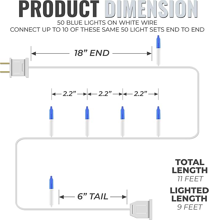 612 Vermont 50 Blue Christmas Lights on a White Wire String, UL Approved, Indoor and Outdoor Use, 9 Foot of Lighted Length, 11 Foot of Total Length