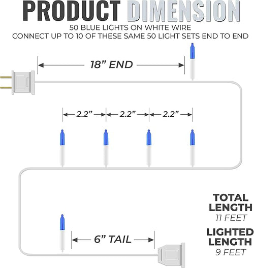 612 Vermont 50 Blue Christmas Lights on a White Wire String, UL Approved, Indoor and Outdoor Use, 9 Foot of Lighted Length, 11 Foot of Total Length