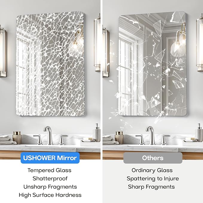 USHOWER 2-Pack Frameless Bathroom Mirrors for Over Sink, 24x36 Inch Rectangular Bathroom Mirrors with Rounded Corner, Shatterproof Mirror for Vanity, Bedroom, Entryway Upgraded & Remodel
