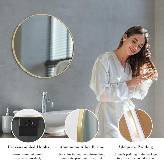 Sweetcrispy 24in Round Bathroom Mirrors for Wall, Bathroom Mirrors for Over Sink, Wall Decor for Bathroom, Entryway, Bedroom, Vanity, Classical Gold