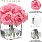 WELL KNOWN Rose Artificial Flowers in Vase with Faux Water, Silk Rose Table Centerpieces for Home Coffee Table Decor, Fake Roses Flower Arrangements for Office Hotel Lavatory Decor (Pink)