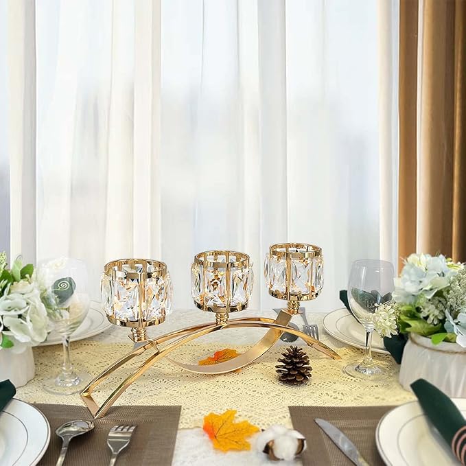 3 Arms Crystal Candle Holders, Arch Candlestick Table Candelabras Centerpieces for Wedding, Dinning Room, Cabinet Ornaments, Home Decoration， Gift (3-arm Arched, Gold)