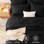 CozyLux Queen Comforter Set Black Seersucker 7 Pieces Bed in a Bag Queen Comforter Set with Sheets, Luxury Soft Bedding Set with Down Alternative Comforter, Sheets, Pillowcases & Shams for All Seasons