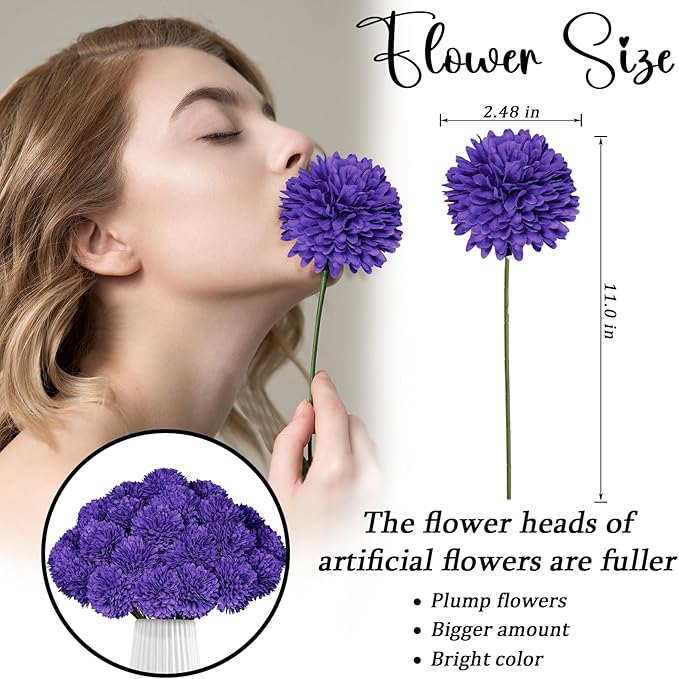 36 Pcs Purple Artificial Chrysanthemums Flowers Fake Mums Silk Vintage Ball Flower for Home Decor Indoor Floral Arrangement Table Centerpiece