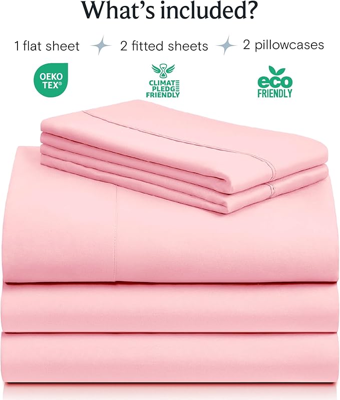 LuxClub 5 PC Sheet Set Bed Sheets Deep Pockets 16" Eco Friendly Wrinkle Free Cooling Machine Washable Hotel Bedding Silky Soft - Baby Pink Split King