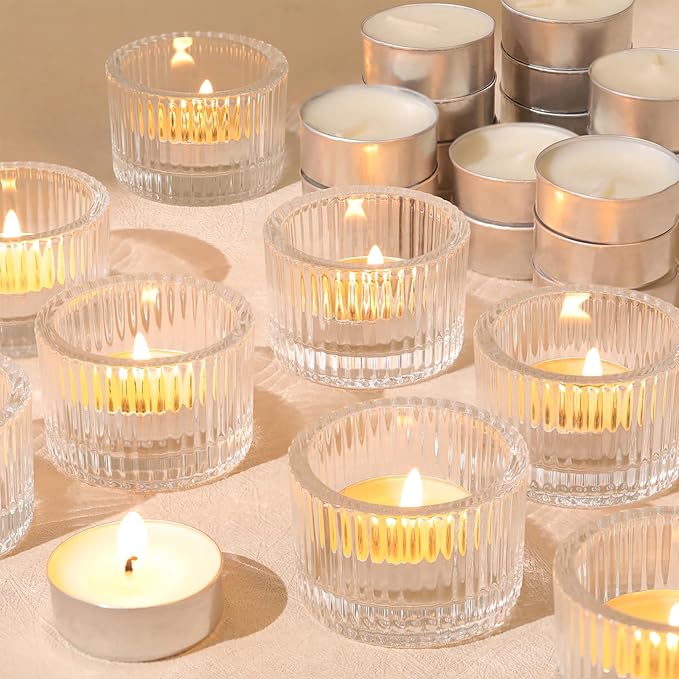36 pcs Clear Tealight Candle Holders with 36PCS Tea Lights Candles, Glass Votive Candle Holders Set for Table Centerpiece, Home Decor and Party Supplies