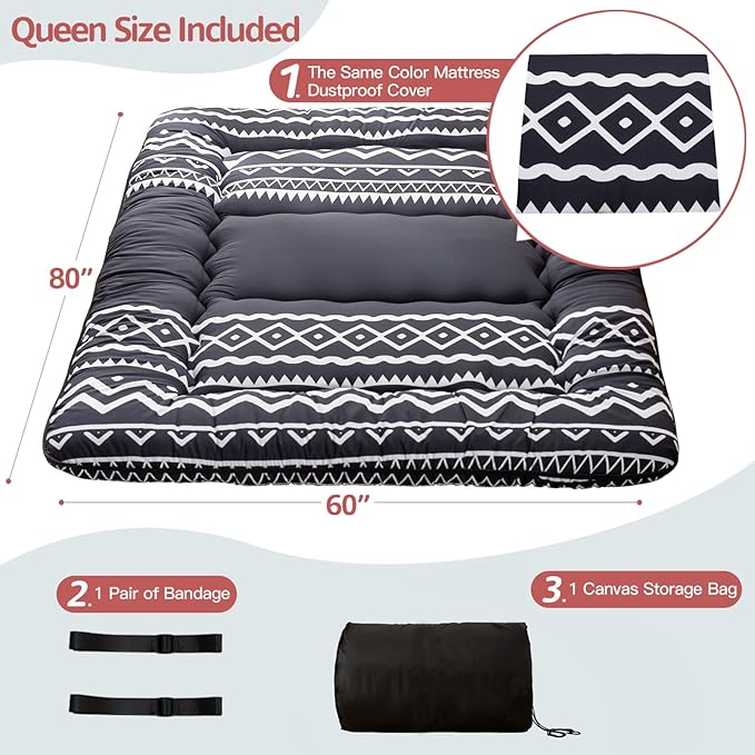 MAXYOYO Japanese Floor Futon Mattress - Thicken Sleeping Pad, Roll Up Floor Lounger Bed, Camping and Guest Room Pad, Thick Soft and Comfortable, Black Stripe, Queen Size