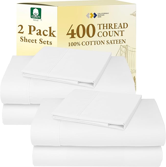 California Design Den 2-Pack Twin Size Bed Sheets Cotton - 400 Thread Count 100% Cotton Sateen - Soft, Breathable & Cooling Sheets, Wrinkle Resistant, 2 Sets of Deep Pocket Bed Sheets - Antique White