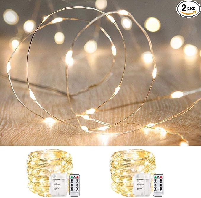 ANJAYLIA 2 Pack 33ft 100 LED Fairy Lights Battery Operated, Waterproof Twinkle String Lights, Copper Wire Dimmable Firefly Lights with Remote Control Timer, Warm White