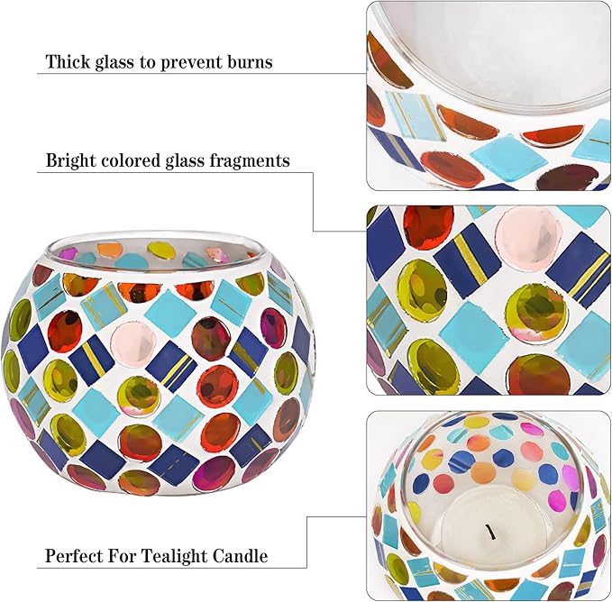 6pcs Votive Candle Holders, Mosaic Tealight Holder Stained Glass Tea Light, Colorful Handmade Candle Jars Aromatherapy Candle Lamp for Christmas, Wedding, Birthday Table Centerpiece Decor