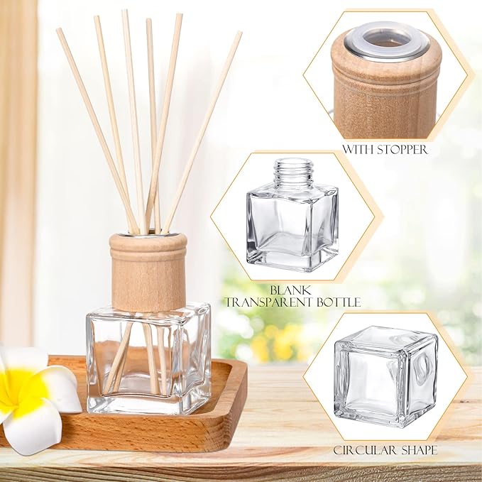 Roshtia 40 Set Reed Diffuser Bottle Empty Refillable Fragrance Glass Diffuser Bottles with Wooden Caps Rattan Sticks 50ml 1.7 oz Glass Jars for DIY Fragrance