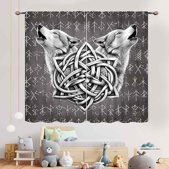 Viking Curtains, Gothic Nordic Wolf Celtic Rune Scandinavian Viking Runes Norse Mythology Aesthetic Retro Drapery for Bedroom Living Room Bathroom Window 2 Panel Set, 63"x63" Inch