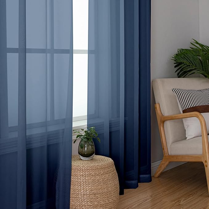 Aiyufeng 2 Piece Dark Blue Extra Long Sheer Curtains 120 Inch Length, Light Filtering Kitchen Curtain for Window, Voile Top Dual Rod Pocket, 2 x 40 W x 120" L