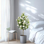 Artificial Camellia Tree 2 Pack, Artificial Plants Outdoor Faux Floral Plant in Cement Pot Fake Silk Camellia Tree Plants for Home House Living Room Office Decor