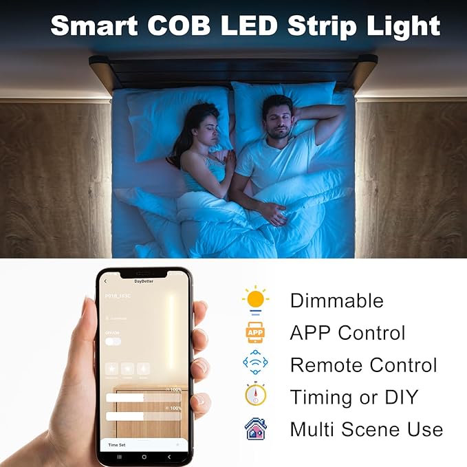 DAYBETTER COB LED Strip Lights, 32.8 ft/10 m 3200 LEDs Bright Daylight White LED Light Strips with Remote and App, 6500K Dimmable LED Tape Light, Indoor COB LED Lights for Bedroom DIY Lighting