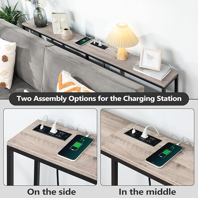 63" Console Table with Power Outlet, Narrow Sofa Industrial Entryway Behind Couch Table with USB Ports for Entryway, Hallway, Foyer, Living Room, Bedroom, Greige CTHG16E01Z1
