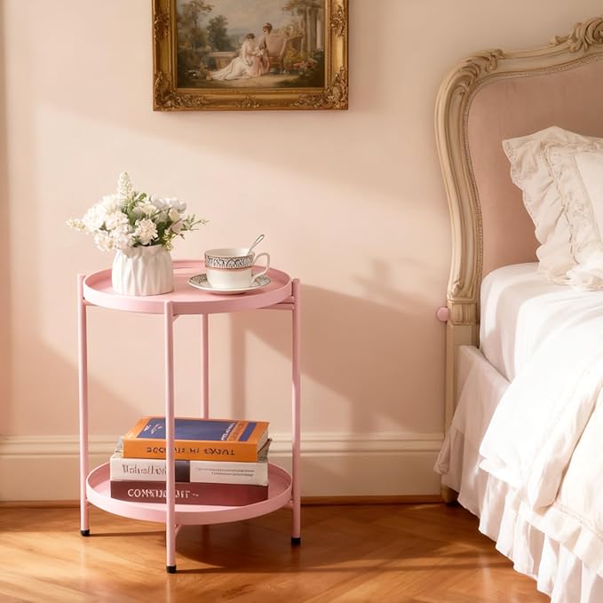 HollyHOME 2-Tier Round Side Table, Outdoor Small Folding Accent Stand with Removable Tray, Anti-Rust Metal Asional Table for Balcony Patio Living Room, Nightstand for Bedroom(Pink)
