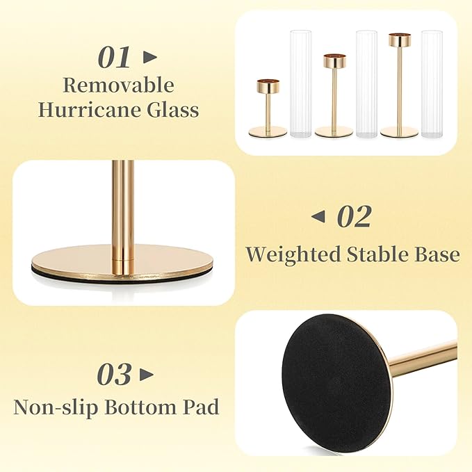 Hewory Gold Taper Candle Holders: Candlestick Holders Set of 3 Hurricane Glass Tall Candle Holder for Candlesticks Candle Sticks Holder Decor for Table Centerpiece Wedding Party Christmas Decorations