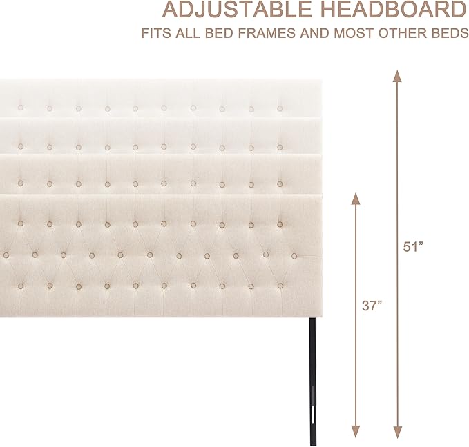 Tufted Upholstered Headboard Queen Size, Solid Wood Head Board with Durable Metal Legs, Adjustable Height Bed headboard from 37” to 51” Fabric Headboard in Modern Button Design, Beige