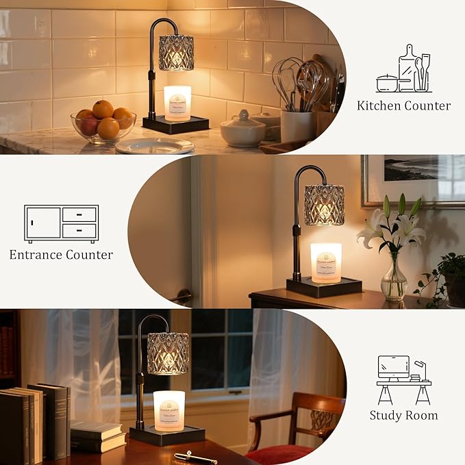 Hong-in Dark Grey Candle Warmer Lamp with Timer -Dimmable Adjustable Height Wax Melt Warmer for Jar Candles,Vintage Home Decor with Elegant Clear Glass,Birthday Gifts for Women, Mom, Friend, Sister