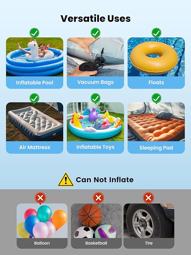 Air Mattress Pump, 3 Ways Powered Portable Electric Air Pump with 3-Nozzle AC 110V, DC 12V, Battery Operated Quick-Fill Inflator Deflator for Inflatable Pool Float Air Bed Boat Swimming Ring
