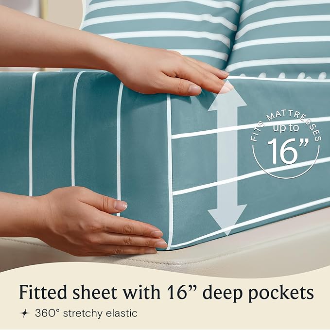 LuxClub 4 PC Queen Size Sheet Set Bed Sheets, Breathable Luxury Deep Pockets Wrinkle Free Cooling Sheets Machine Washable Hotel Bedding (Queen, Striped Light Blue)