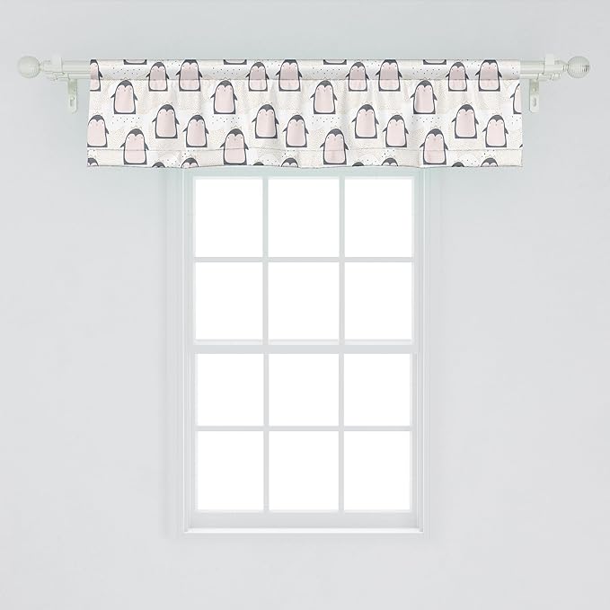 Ambesonne Penguin Window Valance, Pastel Colored Style Cartoon Animals from Antarctica Crowns on a Dotted Background, Curtain Valance for Kitchen Bedroom Decor with Rod Pocket, 54" X 12", Grey Pink