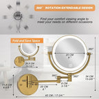 8" Make up Mirror Wall Mounted Lighted 10X Magnifying Hard Wired, Double Sides 3 Color Lighting Touch Dimming, 360 Swivel Extended Arm Shaving Light up Mirror for Bathroom, Brushed Moderne Brass