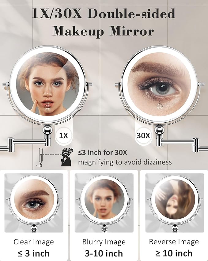 30X/1X Wall Mounted Lighted Makeup Mirror, 9'' Height Adjustable Double Sided 5000mAh Rechargeable Magnifying Bathroom Mirror with Light, 3 Color Modes Touch Dimmable Extended Arm 360 Rotation