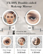 30X/1X Wall Mounted Lighted Makeup Mirror, 9'' Height Adjustable Double Sided 5000mAh Rechargeable Magnifying Bathroom Mirror with Light, 3 Color Modes Touch Dimmable Extended Arm 360 Rotation